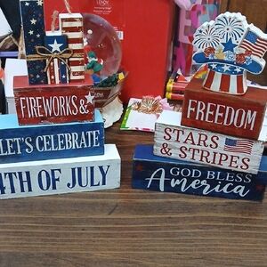 Patriotic 4th of July Wooden Block Decor - Red, White & Blue Both Sets